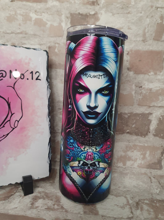 Harley Quin & Joker stainless steel, double walled, colourful tumbler gift for her, him.
