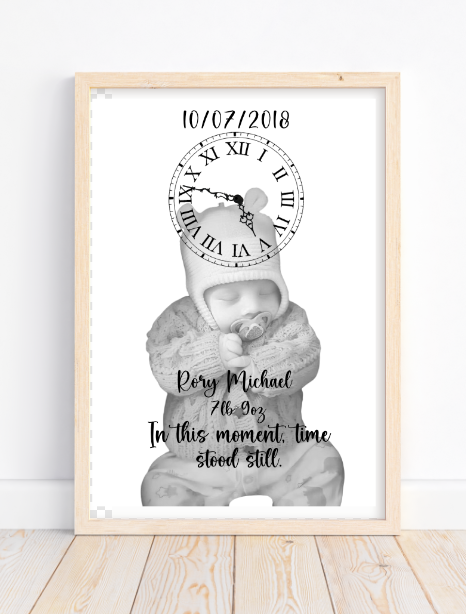 Personalised Birth Stats black & white print