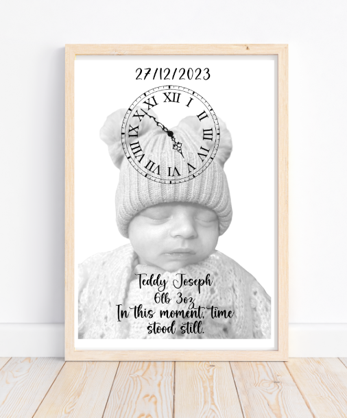 Personalised Birth Stats black & white print