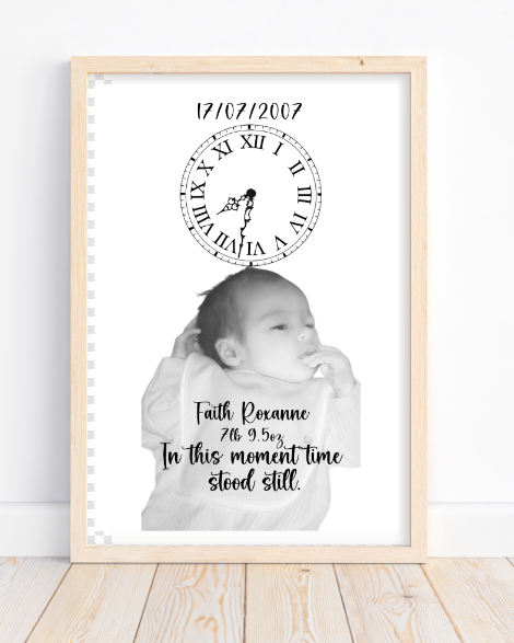 Personalised Birth Stats black & white print