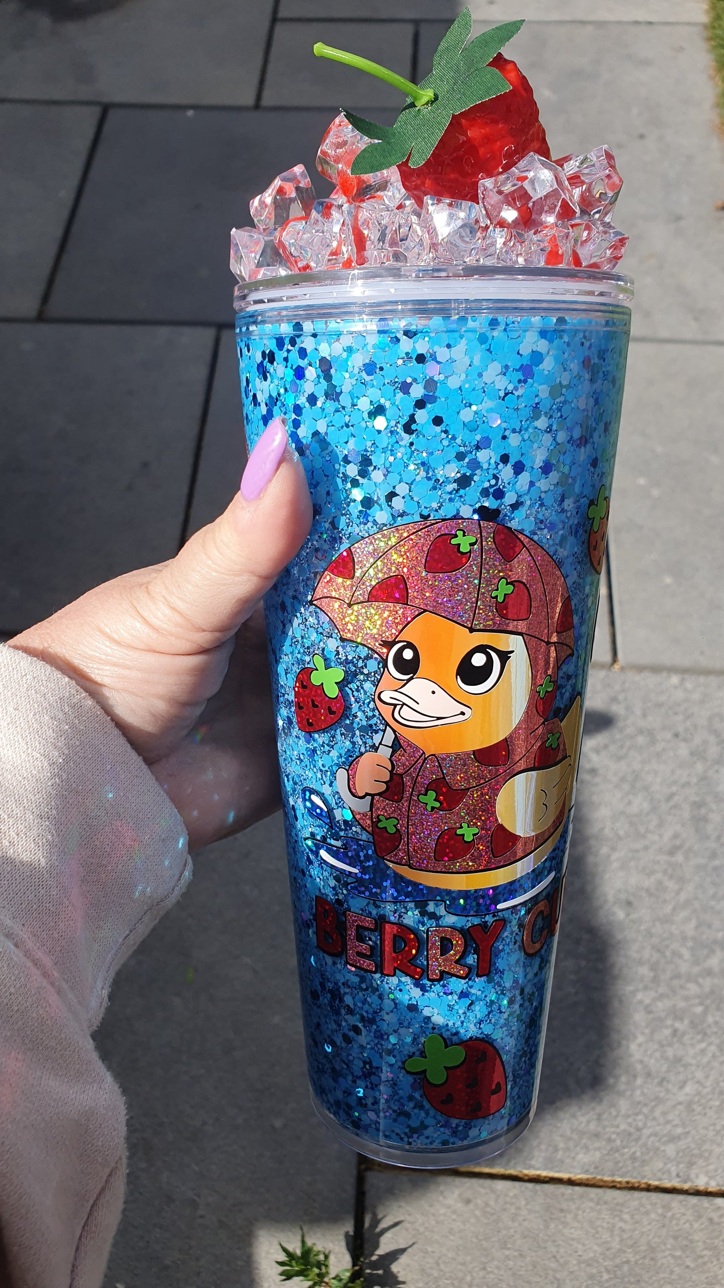 Berry Cute 24oz snow globe tumbler, with faux ice & strawberry lid