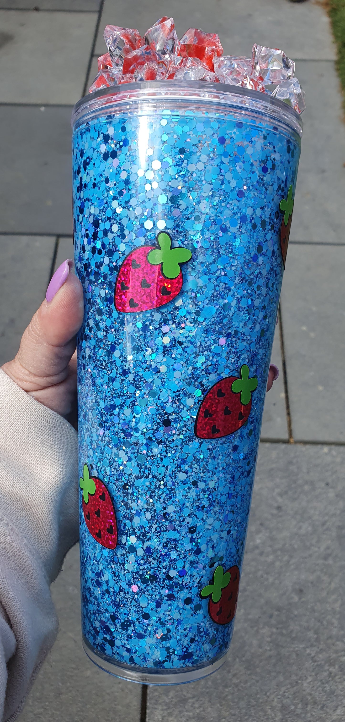 Berry Cute 24oz snow globe tumbler, with faux ice & strawberry lid