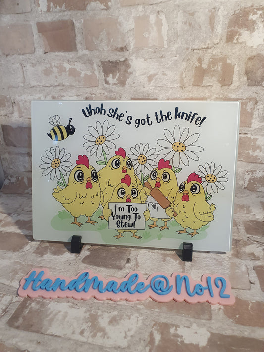 Crazy chicken glass chopping board