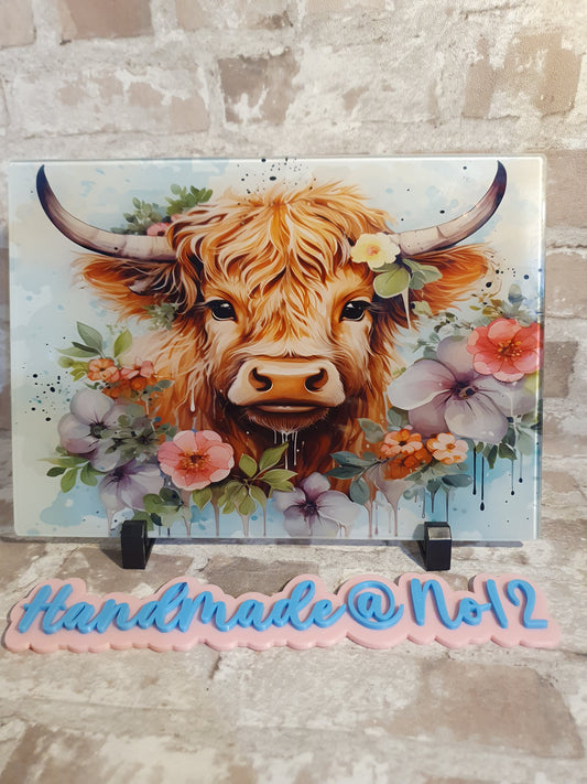 Highland cow glass chopping board