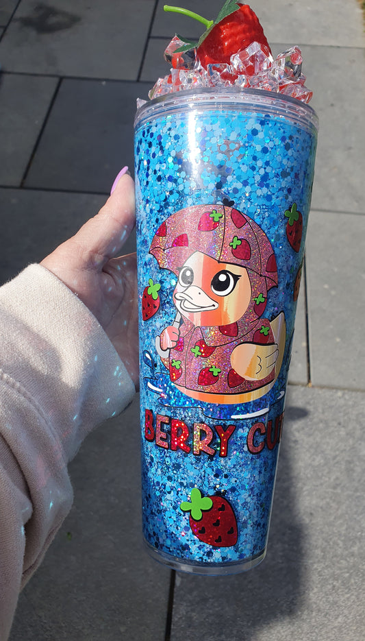 Berry Cute 24oz snow globe tumbler, with faux ice & strawberry lid