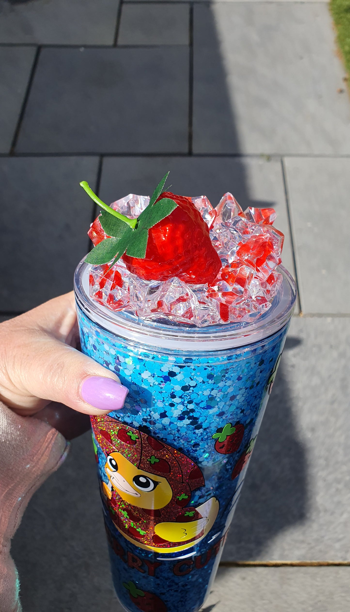 Berry Cute 24oz snow globe tumbler, with faux ice & strawberry lid